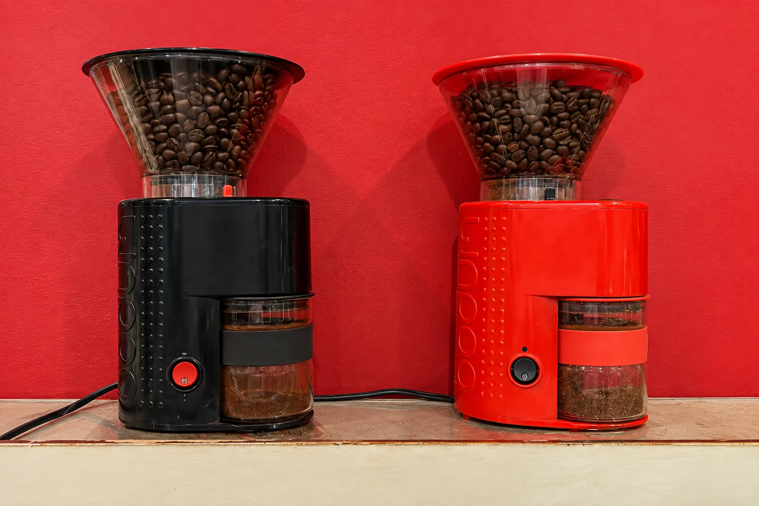 赤い壁に並ぶコーヒーミル